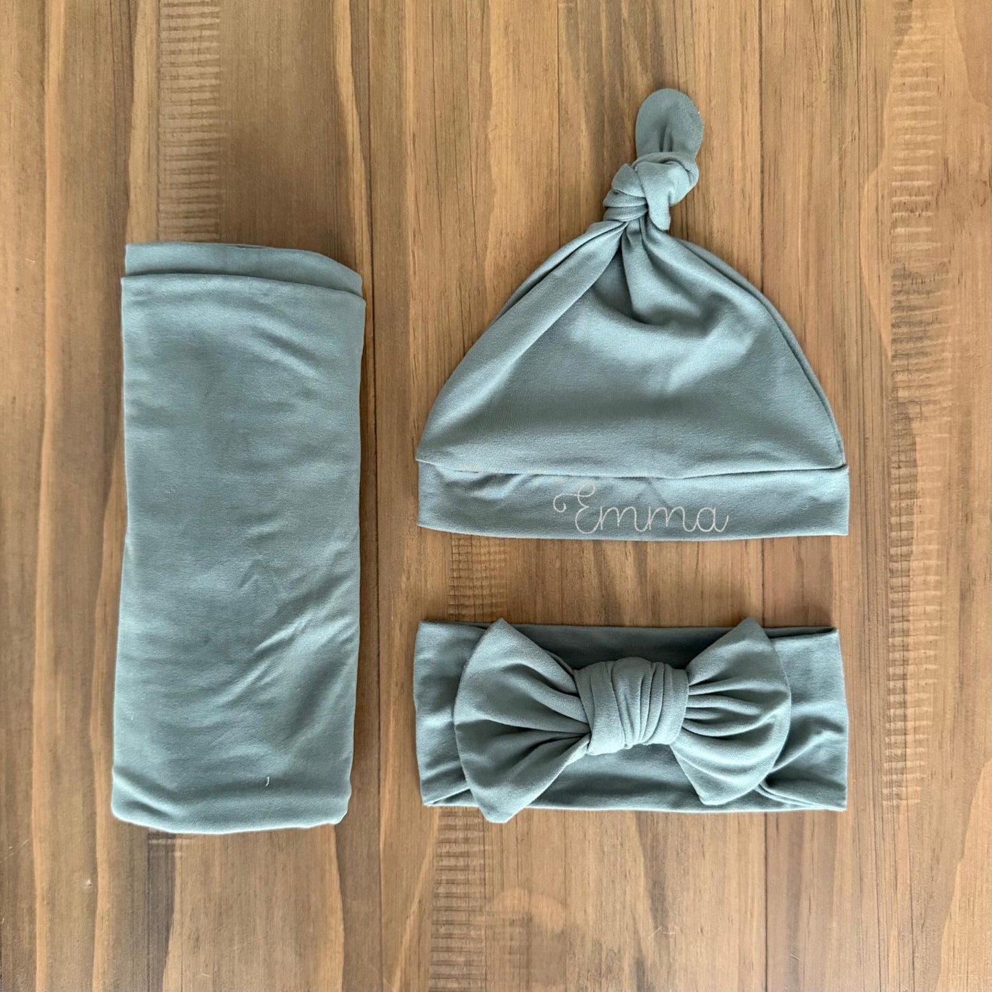 Newborn Swaddle, Bow, and Embroidered Hat Set