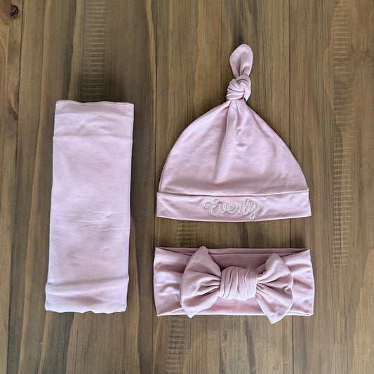 Newborn Swaddle, Bow, and Embroidered Hat Set