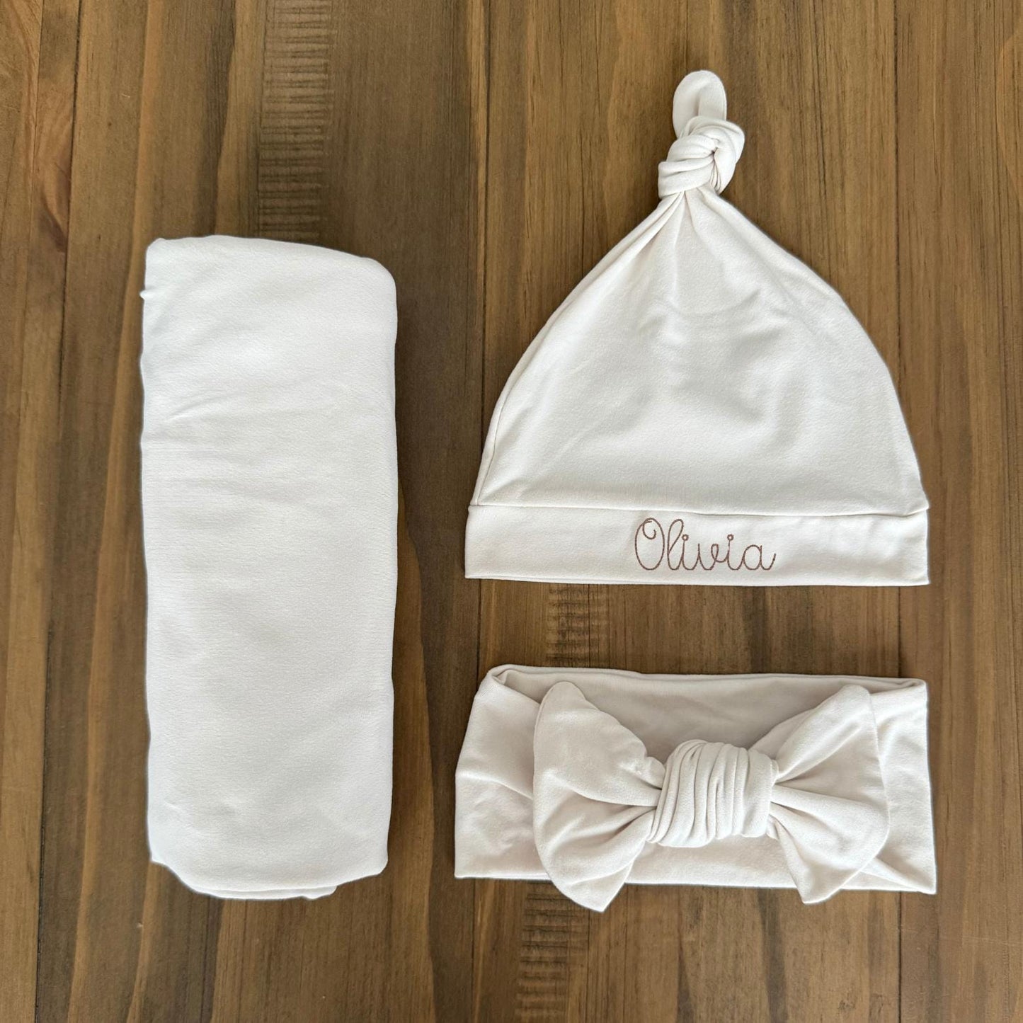 Newborn Swaddle, Bow, and Embroidered Hat Set