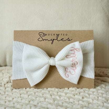 White headband bow with embroidered name for baby girl