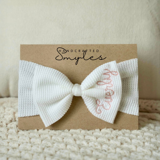 White headband bow with embroidered name for baby girl