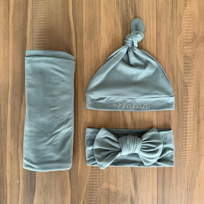 Newborn Swaddle, Bow, and Embroidered Hat Set