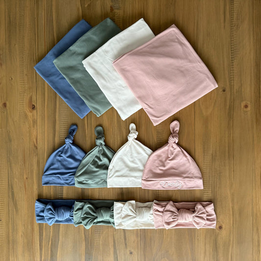 Newborn Swaddle, Bow, and Embroidered Hat Set